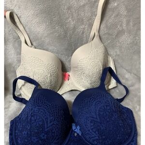 Victoria's Secret Bra Set Women's 34DDD Navy White Lace Underwire Demi Pushup